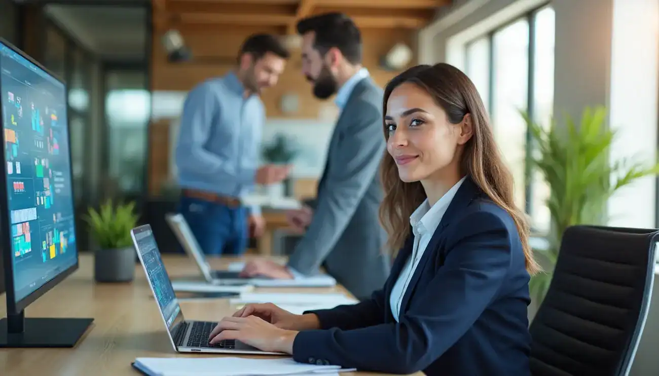 Business professionals working on laptops with data and AI visuals on a large monitor in a modern office.
