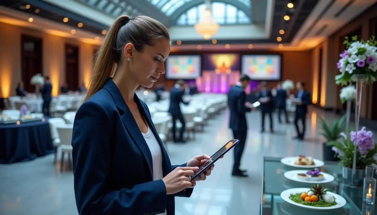 Professional woman using a tablet to manage preparations in a large, elegant event venue with attendees in the background.