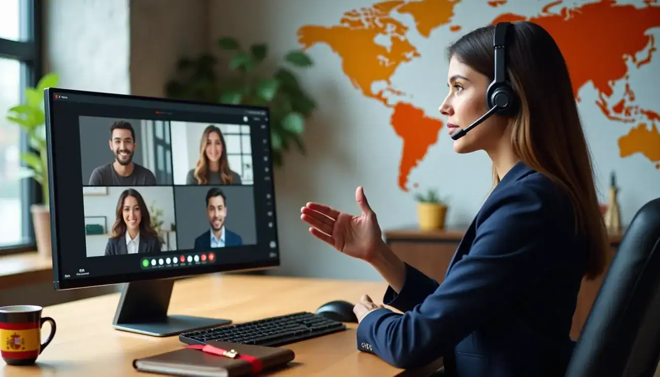 Professional woman wearing headset participates in a virtual meeting with colleagues on a computer screen and Spanish flag mug nearby.