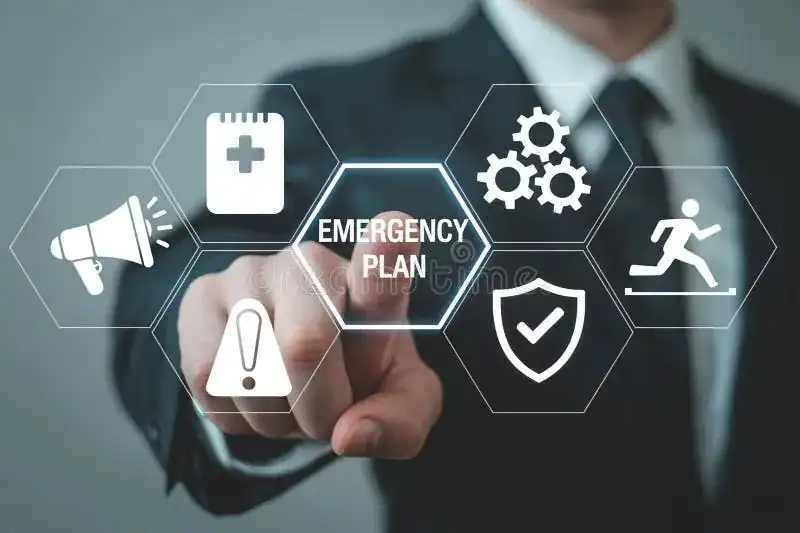 Businessman pointing at a virtual emergency plan interface with related safety and management icons.