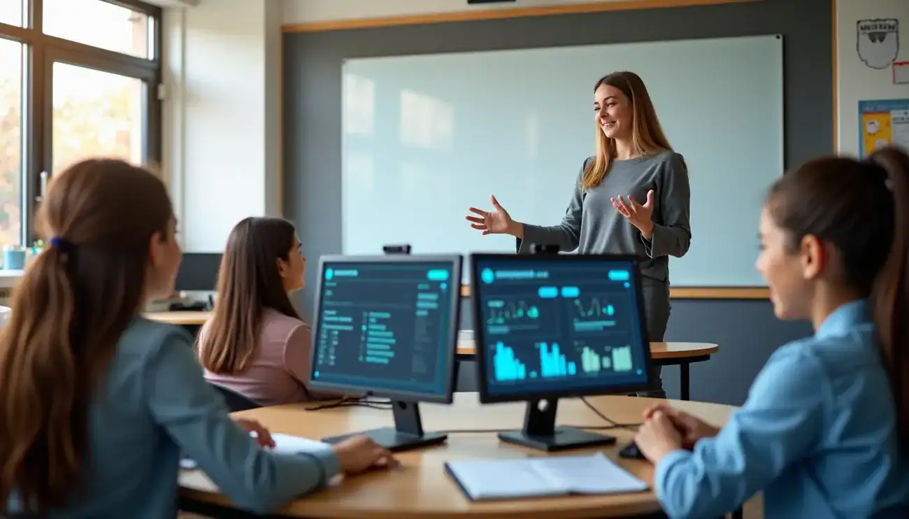 Teacher engaging students in a classroom with computers displaying data and charts on screen.