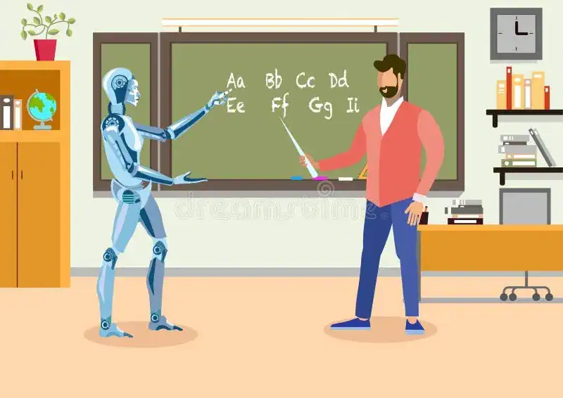 A robot and a teacher stand in a classroom with letters written on a chalkboard behind them.