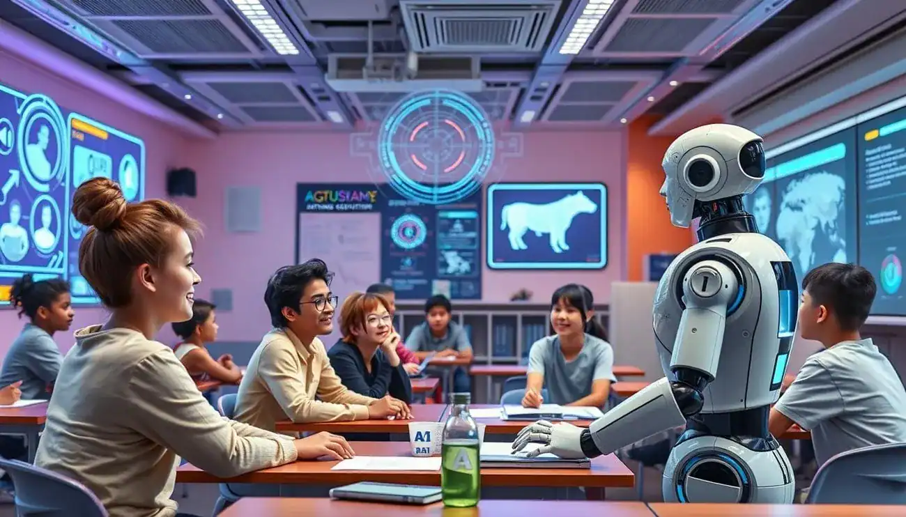 A robot teaching a diverse classroom of students with futuristic digital displays in the background.