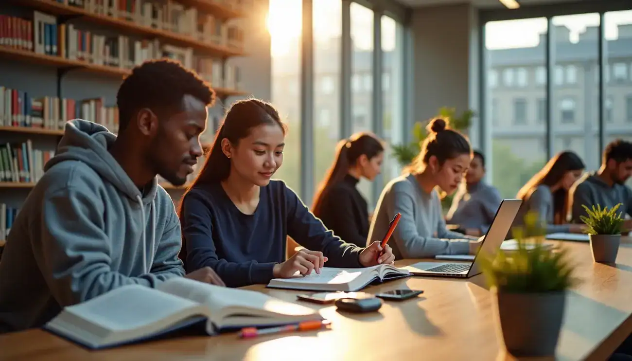 Students studying together in a library with books and laptops, symbolizing education and AI's impact on learning.
