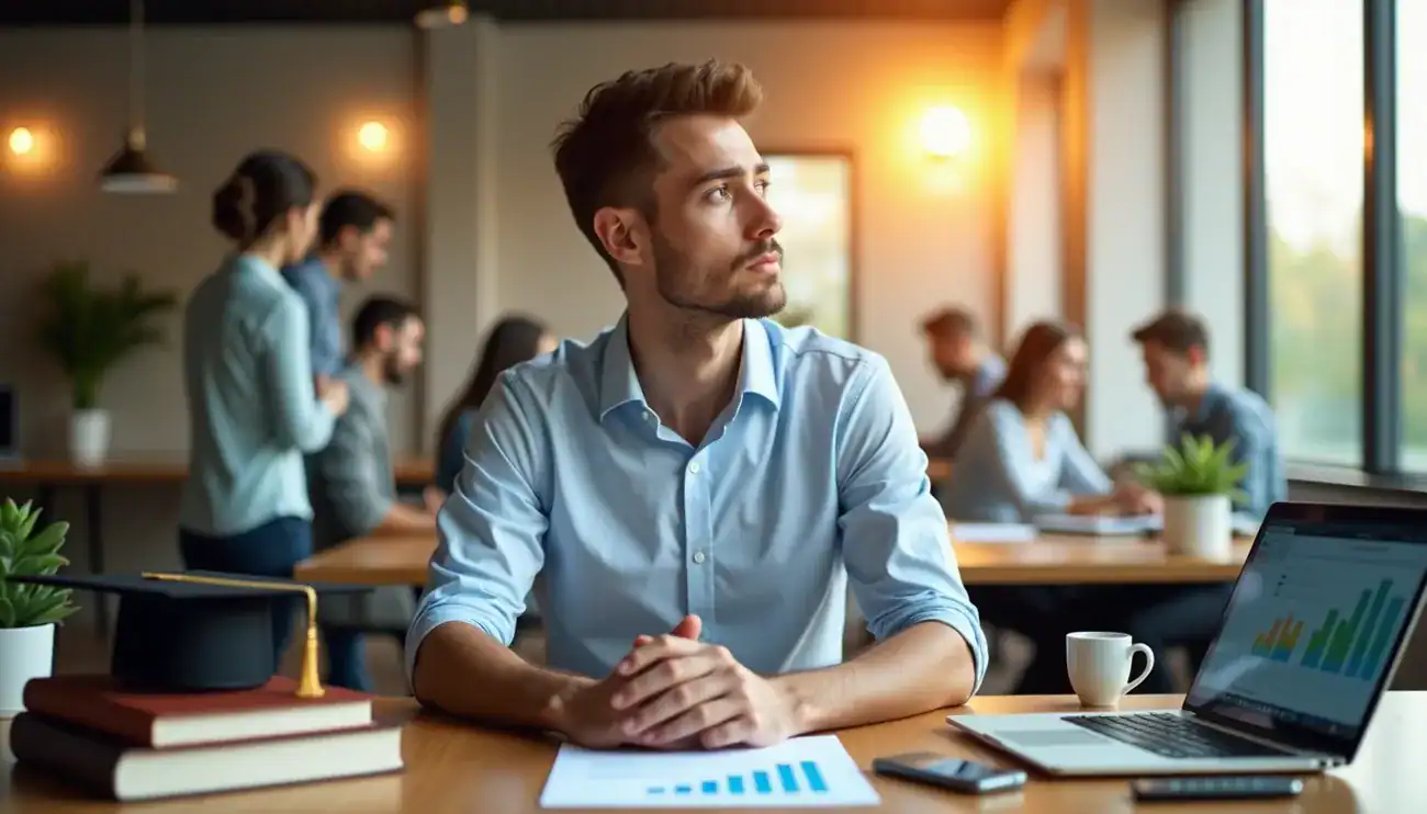Young man in a business setting with graduation cap, books, and laptop showing financial charts at sunset.