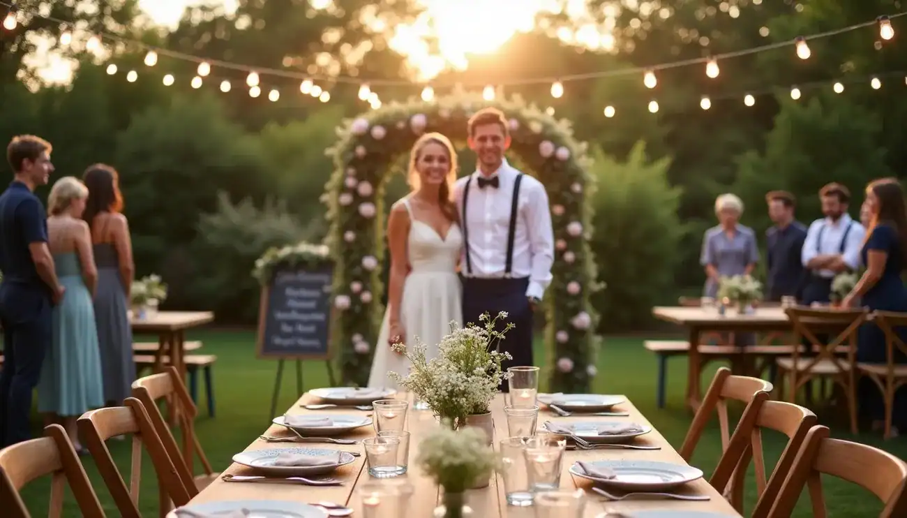 Outdoor wedding reception with a simple floral arch and string lights at sunset, featuring a casually dressed bride and groom.